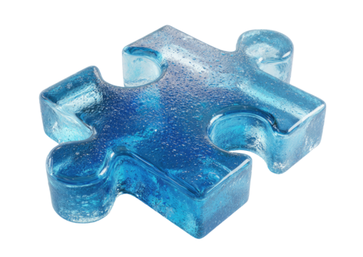 A single, translucent, light-blue jigsaw puzzle piece, with a slightly textured, almost glassy appearance, and subtle water droplet reflections - Powered by Adobe