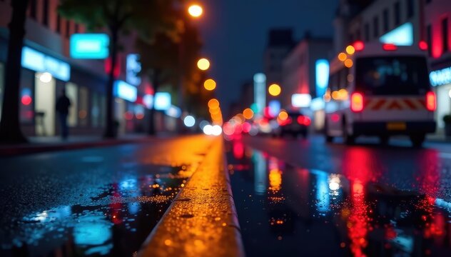 Abstract late-night city lights reflecting on wet pavement, artwork, abstract