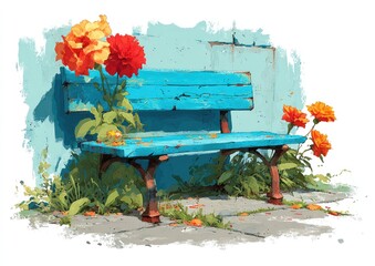 Aged blue bench, vibrant flowers, muted wall