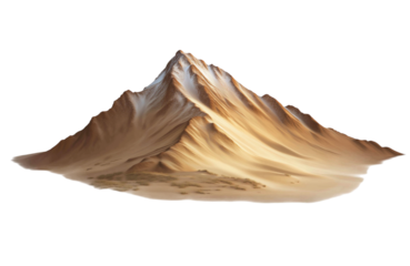 A sharp, pointed mountain peak with snowcapped ridges and sandy slopes, isolated on transparent background