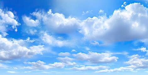 Panoramic view of a vibrant blue sky filled with fluffy white clouds