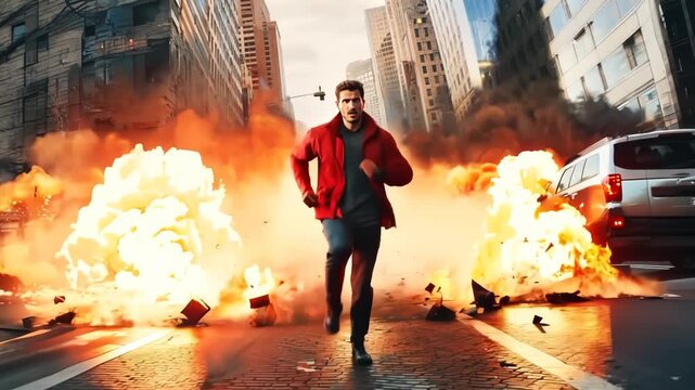 Action shot with man running away from explosion and cars. Dynamic scene in action movie blockbuster style