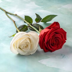 A single fresh white and red rose pair against a smooth pastel background.