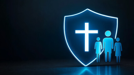 Glowing shield cross family icon, healthcare protection, safety, security, blue background
