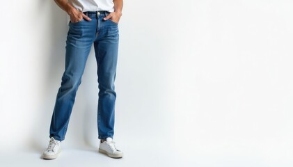 Naklejka premium Classic straight-leg jeans, crisp white backdrop, denim, blue jeans, wash