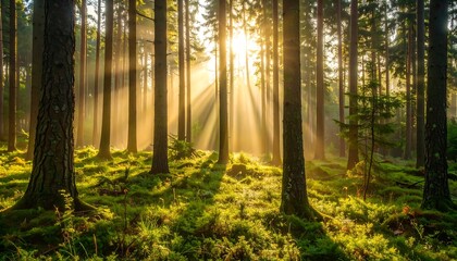Sunlight streams through a misty forest (3)