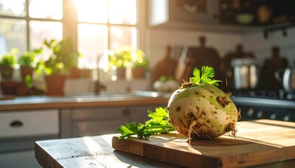Fresh celery root on a kitchen counter
