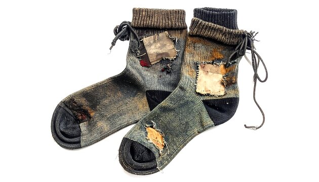 Worn, patched socks
