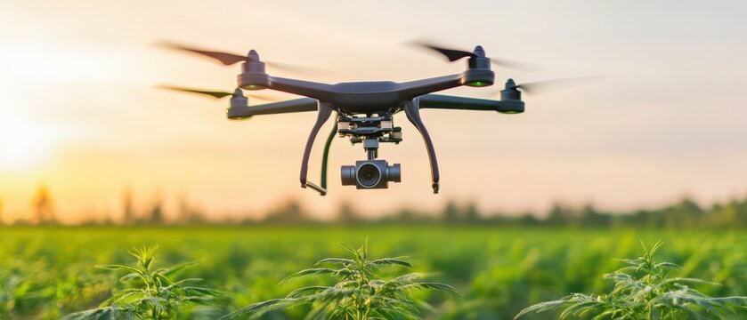 Unmanned aerial vehicle flies above green field. Sunlight shines during golden hour. Drone surveys vast area connecting through networks. Future communication technology using 5G - Powered by Adobe