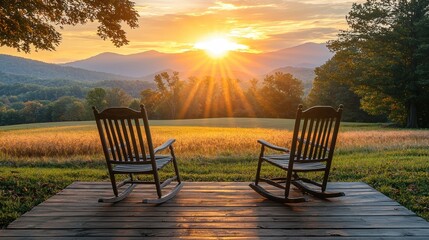 Tranquil mountain sunset view from rocking chairs