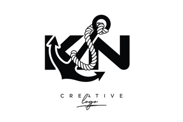 KN Creative Monogram Latter Logo with Anchor and Rope Design Minimalistic Logo Design 