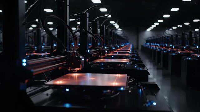 Rows of cutting-edge 3D printers hum with energy, demonstrating advanced manufacturing techniques in a high-tech lab.