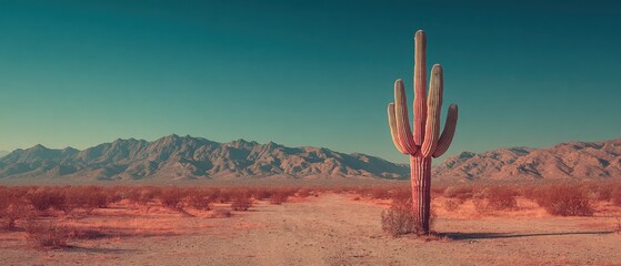 A tall cactus stands in a desert landscape with dry shrubs, a dirt path, distant mountains, and a clear blue sky, showcasing arid terrain.