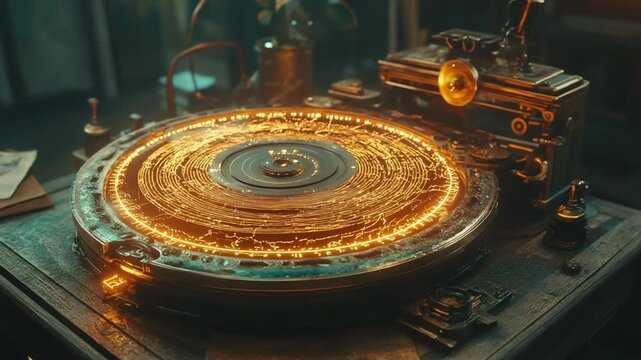 Vintage turntable with glowing design in cozy room