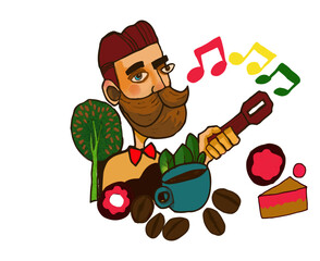 Cafe Musician with Coffee, Pastries, and Musical Notes