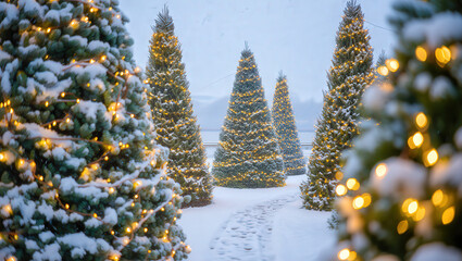 Snowy Christmas Trees with Glowing Lights