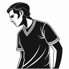Stylized black and white illustration of a young man looking down