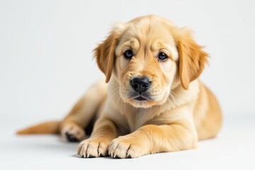 Golden Retriever puppy lies down on white backdrop, white, adorable