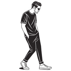 Stylish man in black outfit with sunglasses walking