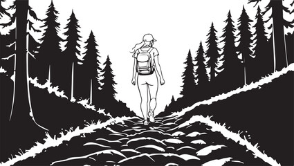 “Hiker on Rocky Forest Trail Illustration | Black and White Outdoor Adventure Line Art Design”
