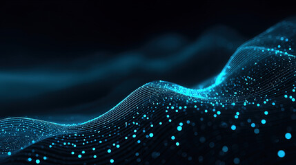 Blue bioluminescent particle wave landscape