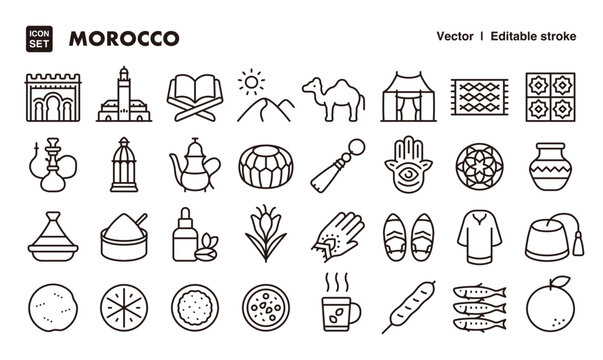 Morocco line icon set. Vector editable stroke icon.
