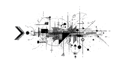 Abstract digital art.  Dark background with a central, stylized arrow.  Intricate graphic elements.  Scattered, bright, small dots