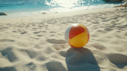Obraz premium A vibrant beach ball lies on pristine sand by the sparkling ocean. Perfect for summer fun and travel.