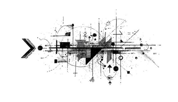 Abstract digital art.  Dark background with a central, stylized arrow.  Intricate graphic elements.  Scattered, bright, small dots