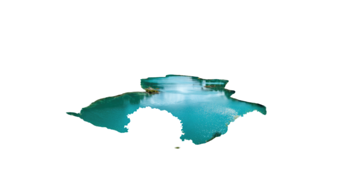 Low-resolution, stylized image of a body of water with a waterfall, likely a lake or lagoon, with dark outline