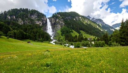 Lush alpine meadow with a waterfall
