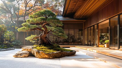 Tranquil Zen garden with bonsai