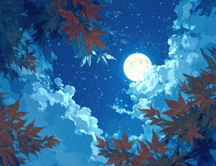 Night sky, full moon, autumn leaves (3)