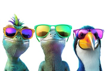 Fototapeta premium A digitally illustrated chameleon, sloth, and toucan, all with reflective neon sunglasses, positioned dynamically with rule of thirds, white background template with blank space for text