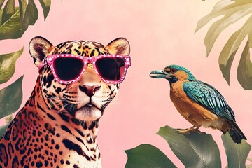 A funky digital artwork of a jaguar wearing retro 80s-style sunglasses, accompanied by a tropical bird with LED-lit glasses, positioned on the extreme right with empty space for overlay text