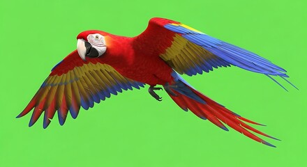 Fototapeta premium Colorful Macaw Parrot in Flight Against Green Background Detailed Image