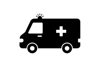 Black and white ambulance icon with a cross and a flashing light.
