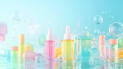 Colorful cosmetic bottles with bubbles