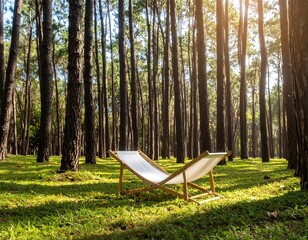 Relaxing white beach chair in a pine forest