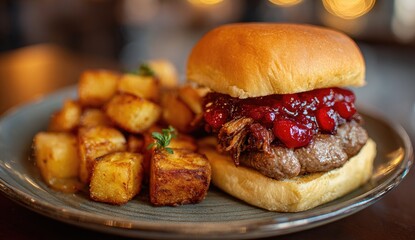 Savory sandwich with cranberry sauce and crispy potatoes