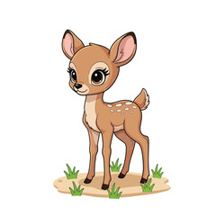 Cute cartoon fawn isolated on white background standing in the grass