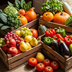 Autumn harvest with fresh vegetables and fruits in wooden crates for a seasonal farmer's market, healthy food, and abundant produce concepts