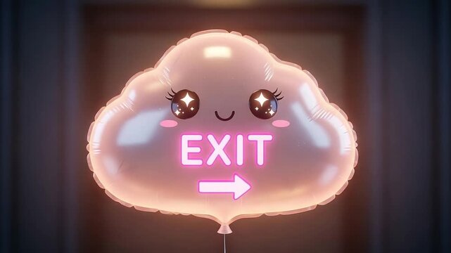 Cute Cloud-shaped Balloon with Happy Face and Exit Arrow Moving in Indoor Setting