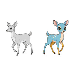 Two adorable deer fawn illustration isolated on white background, one gray and one blue