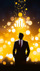 Professional silhouette stands confidently against vibrant background of golden bokeh lights and abstract shapes, symbolizing success and growth
