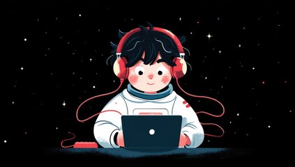 Astronaut working on laptop in space