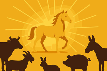 Obraz premium Golden horse radiating elegance among farm animal silhouettes