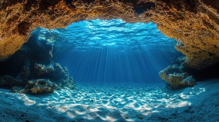 Underwater cave, sunlight through opening