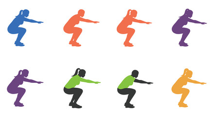 colorful silhouettes of people performing various squat exercises