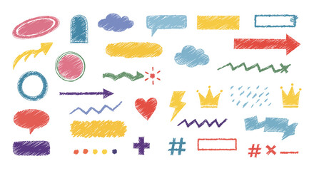colorful doodles including speech bubbles hearts arrows and crowns
